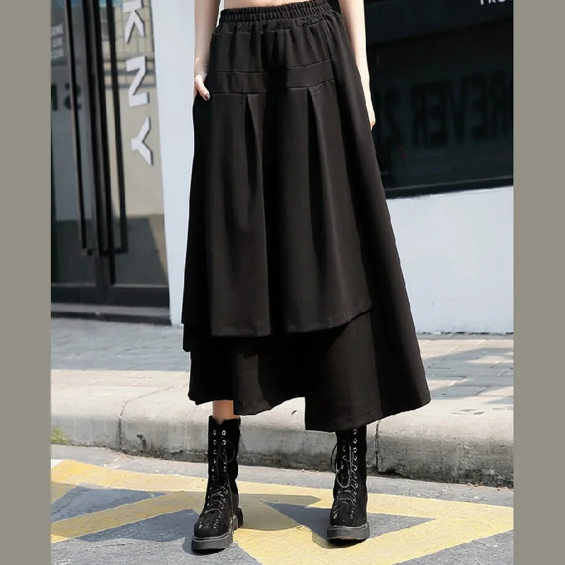 baggy black cotton shift skirt plus size holiday skirt elastic waist baggy New asymmetrical design autumn skirt lace skirt romantic