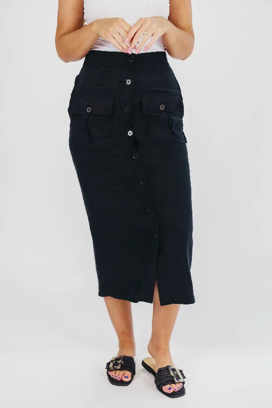 Better Days Button-Down Midi Cargo Skirt in Black linen skirt natural
