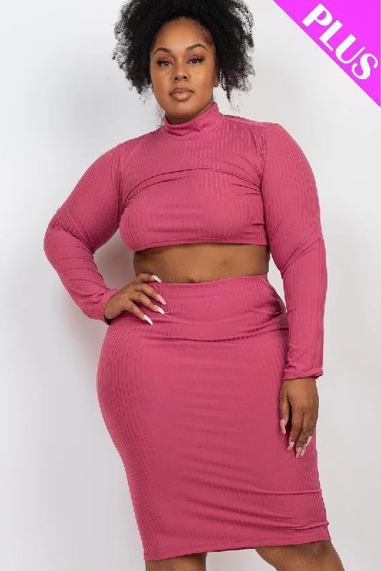 Plus Size Ribbed Mock Neck Crop Top & Midi Skirt Set denim skirt trendy