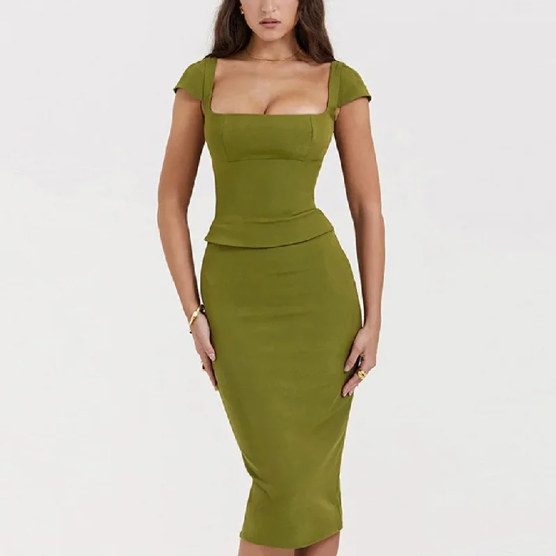 Green Sexy Women Two Piece Set - Square Collar Short Sleeve Tops And Midi Skirt Matching Sets lace skirt elegant