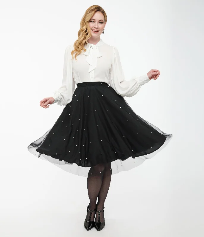 Magnolia Place Black & Faux Pearl Sally Swing Skirt satin skirt smooth