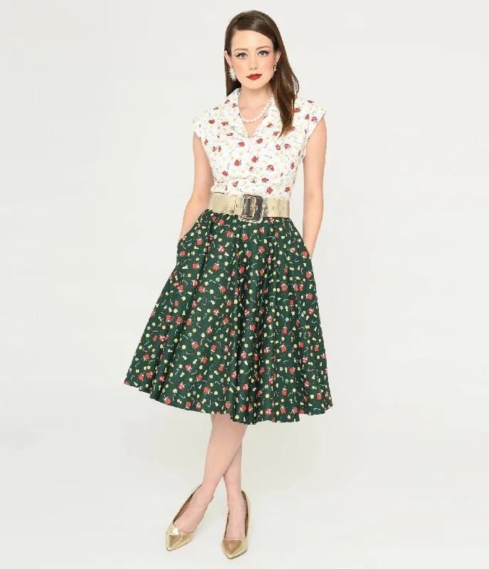 Magnolia Place Green & Holiday Print Sally Swing Skirt button skirt front