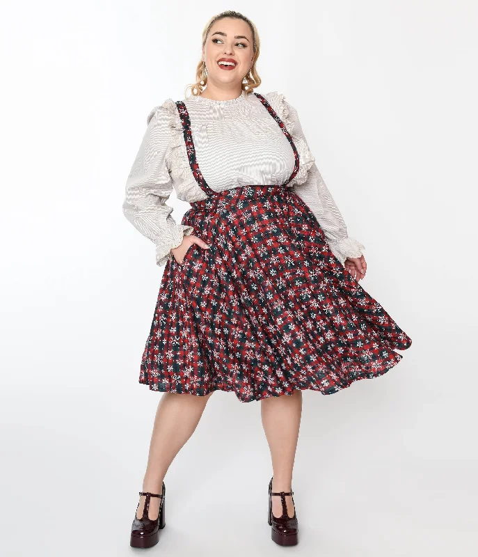 Magnolia Place Snowflake Red Tartan Plaid Pinafore Swing Skirt high slit skirt