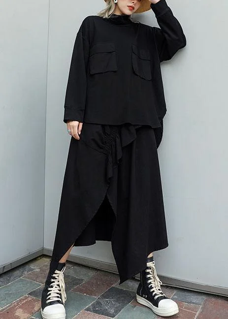 Modern black cotton linen asymmetric Ruffles fall skirt belted skirt waist