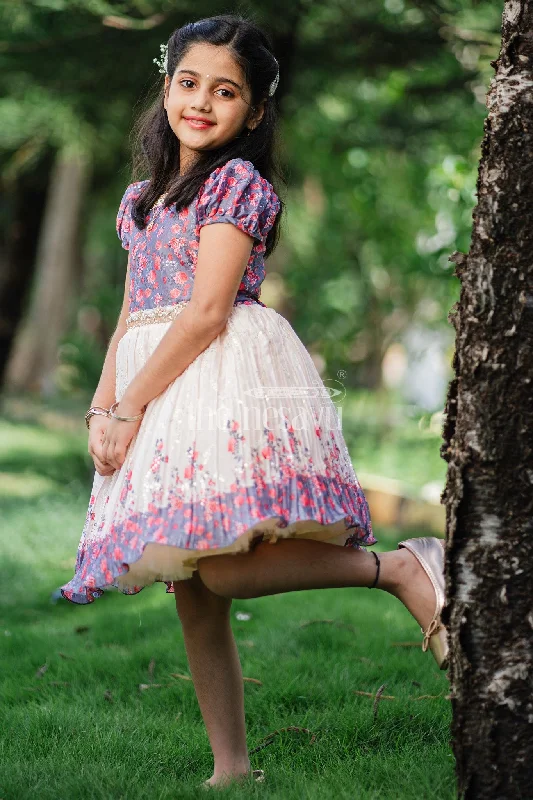 Girls Multicolor Floral Silk Party Frock with Puff Sleeves and Pleated Skirt tulle skirt dreamy