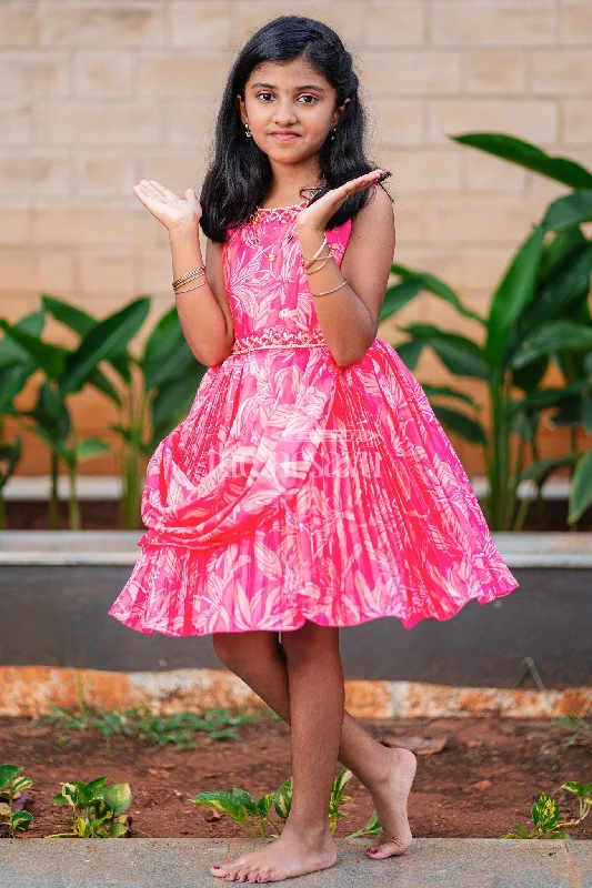 Girls Red Silk Sleeveless Party Frock with Leaf Motif and Pleated Skirt asymmetrical skirt cut Girls Red Silk Sleeveless Party Frock with Leaf Motif and Pleated Skirt asymmetrical skirt cut