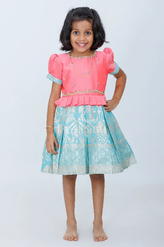 Girls Silk Party Frock in Pink and Green with Puff Sleeves and Brocade Skirt wool skirt warm