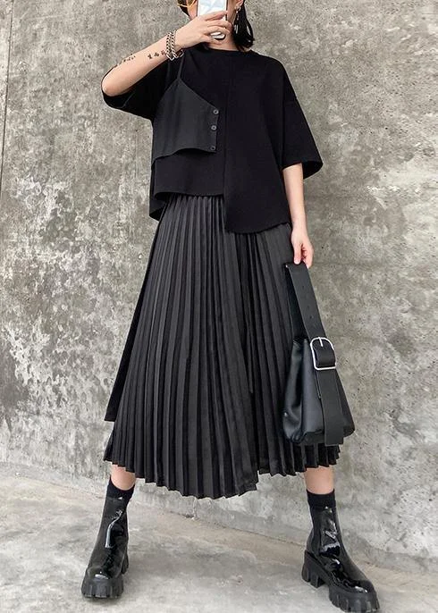 Pleated skirt high waist a-line fashion black stitching elastic waist skirt female summer pleated skirt texture Pleated skirt high waist a-line fashion black stitching elastic waist skirt female summer pleated skirt texture