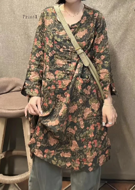 Retro Linen Round Neck Print Mid Length Skirt With Long Sleeves patchwork skirt art