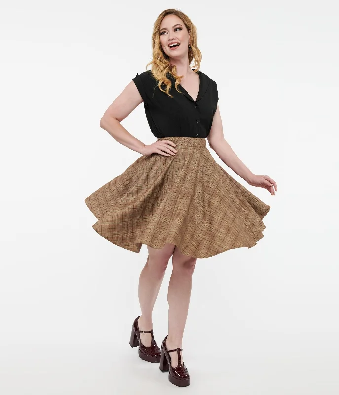 Smak Parlour 1960s Brown & Green Plaid Scene Flare Skirt velvet skirt rich