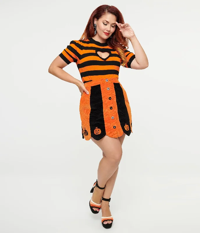 Smak Parlour 1960s Orange & Black Pumpkin Corduroy Mini Skirt wool skirt warm