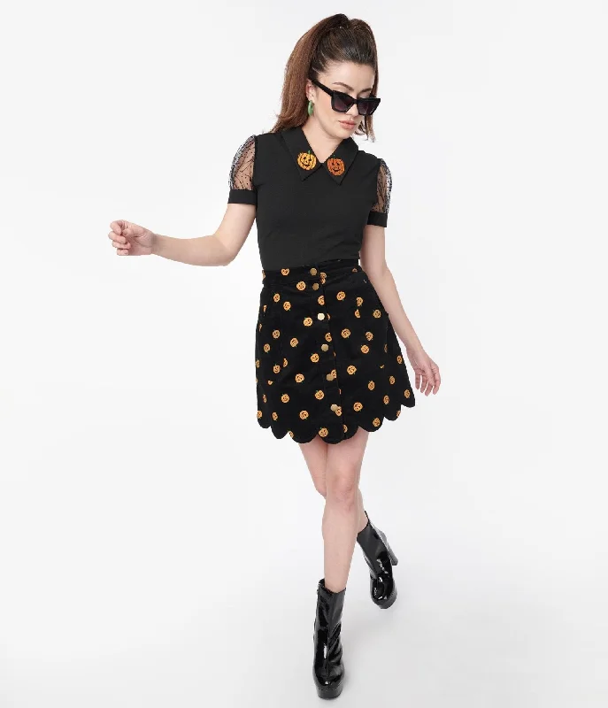 Smak Parlour 1970s Black Corduroy & Pumpkin Stamp Campus Mini Skirt denim skirt trendy