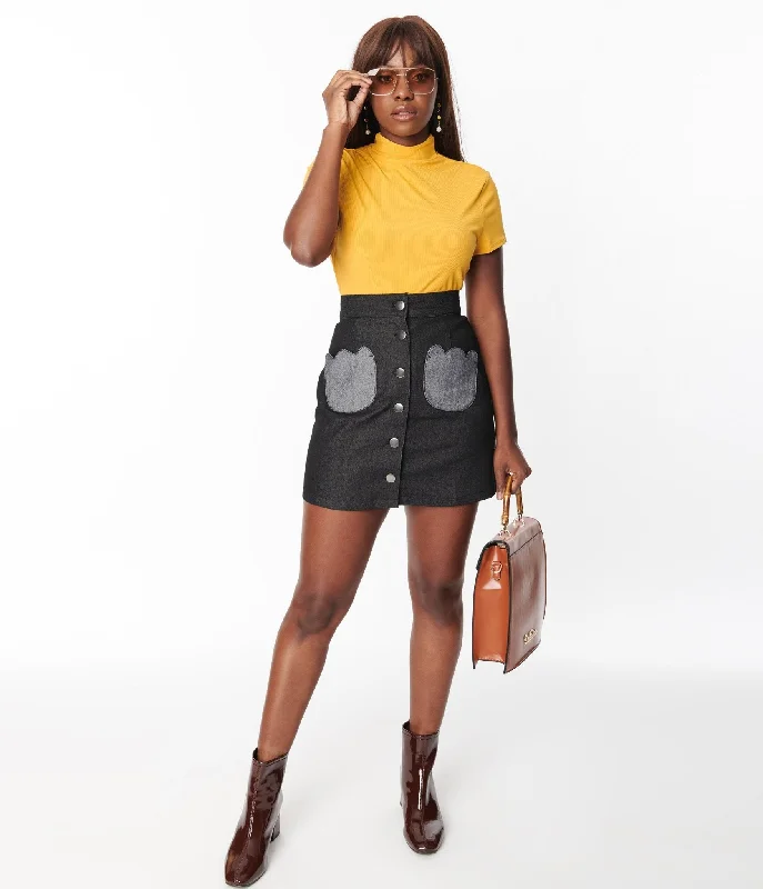 Smak Parlour Black Denim Tulip Patch Pocket Skirt lace skirt intricate