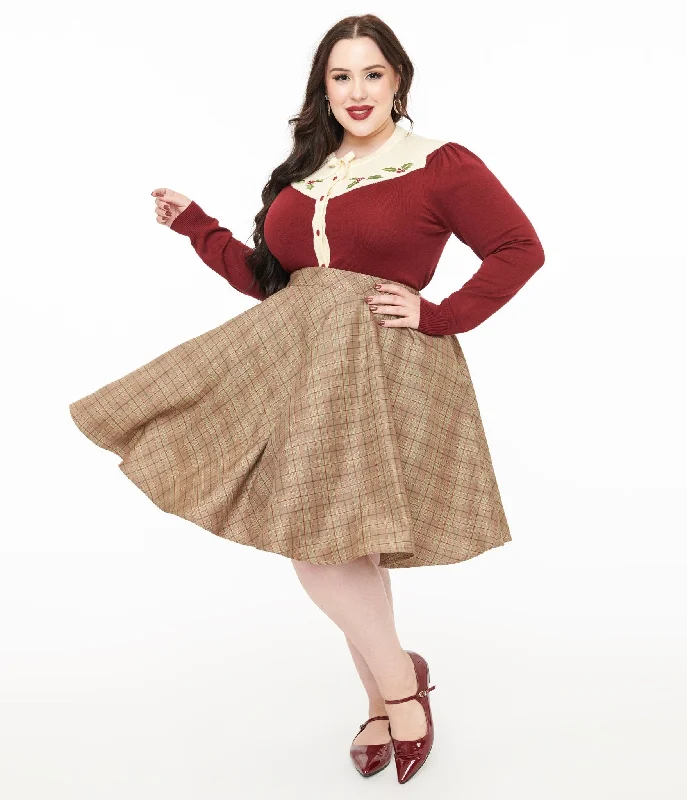 Smak Parlour Plus Size 1960s Brown & Green Plaid Scene Flare Skirt linen skirt airy