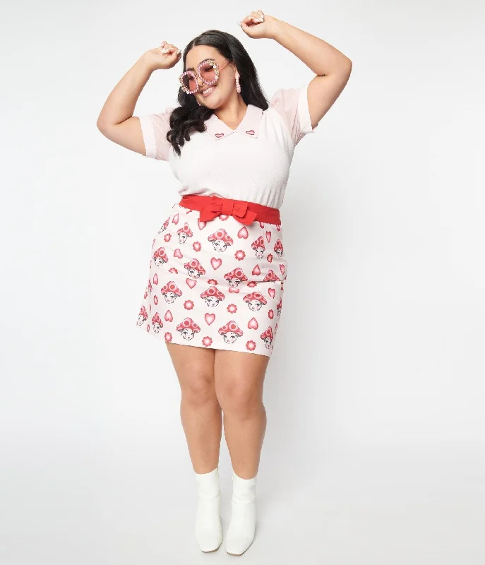 Smak Parlour Plus Size Pink & Red Madam Mushroom Mod Skirt denim skirt classic