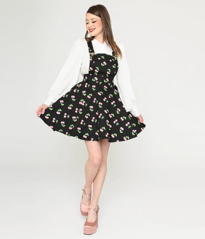 Unique Vintage Black & Pink Cherries Brionne Pinafore Skirt boho skirt vibe