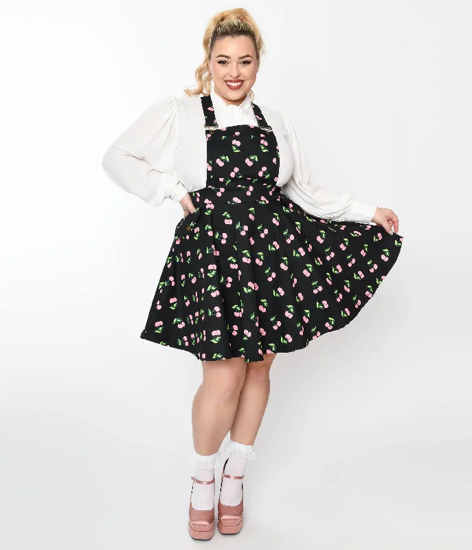 Unique Vintage Plus Size Black & Pink Cherries Brionne Pinafore Skirt floral skirt print