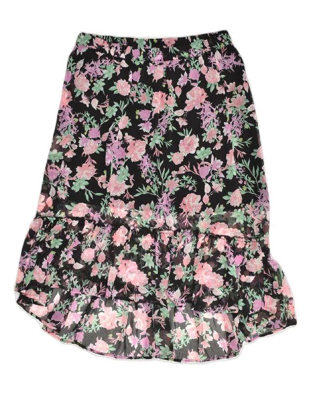VINTAGE Womens Asymmetrical Skirt UK 22 3XL W34 Black Floral Polyester midi skirt versatile VINTAGE Womens Asymmetrical Skirt UK 22 3XL W34 Black Floral Polyester midi skirt versatile