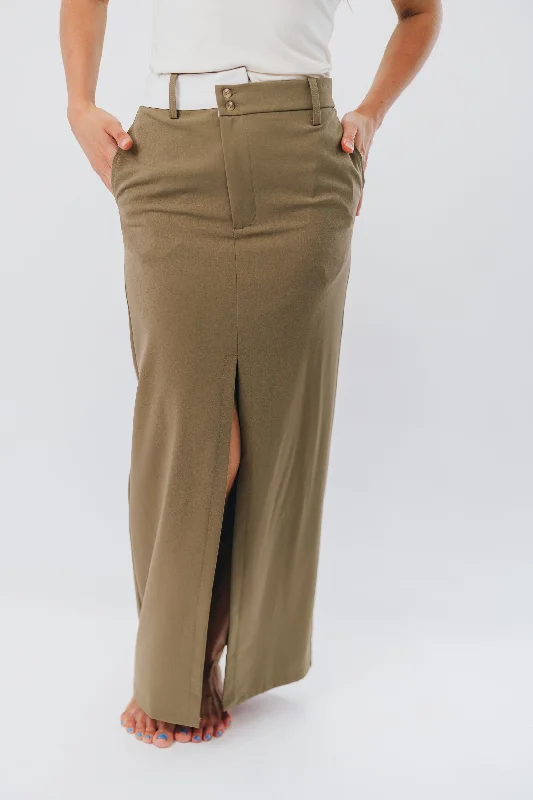 Colin Trouser Maxi Skirt with Contrast Band in Olive wool skirt thick