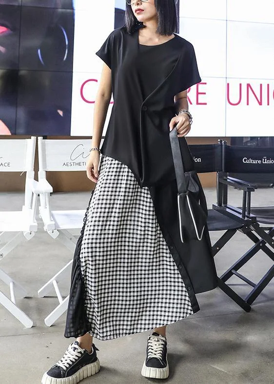 Women's summer mid-length a-line skirt high waist fashion black stitching chiffon plaid skirt ruffled skirt detail Women's summer mid-length a-line skirt high waist fashion black stitching chiffon plaid skirt ruffled skirt detail