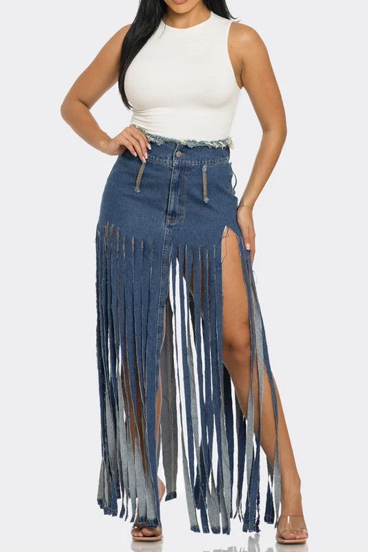 Bohemian Rhapsody Fringe Denim Skirt leather skirt bold
