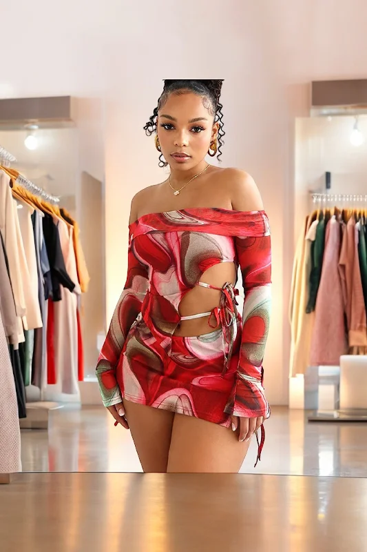 .  Off Shoulder Cut Out irregular Top Mini Skirt Two Piece Set velvet skirt plush