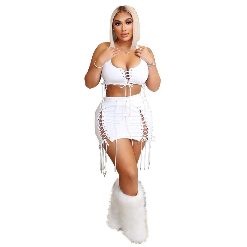 Women Summer Fashion Outfits Sleeveless Vest Drawstring Hollow Out Women 2 Piece Skirt Set lace skirt feminine Women Summer Fashion Outfits Sleeveless Vest Drawstring Hollow Out Women 2 Piece Skirt Set lace skirt feminine