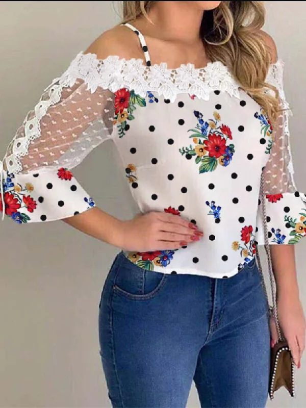 2019 Autumn Women Elegant Stylish Party Top Female Fashion Basic Casual Shirt Cold Shoulder Mesh Insert Dots Floral Print Blouse Cozy Loose Fit Short Sleeve 2019 Autumn Women Elegant Stylish Party Top Female Fashion Basic Casual Shirt Cold Shoulder Mesh Insert Dots Floral Print Blouse Cozy Loose Fit Short Sleeve