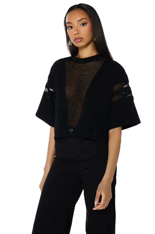 ALL STAR RHINESTONE MESH TSHIRT IN BLACK Casual Button-Up Short Tee