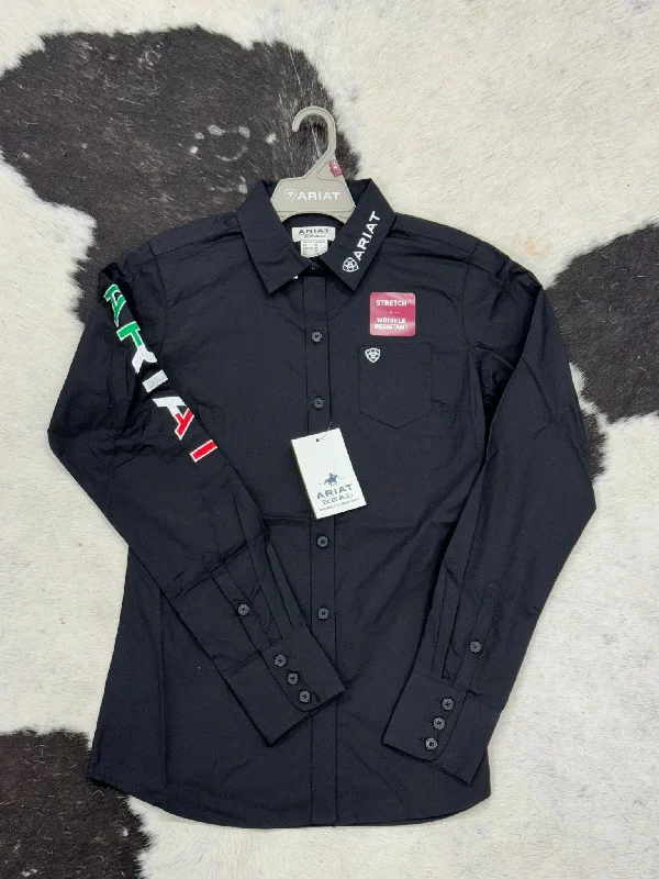 ARIAT WOMENS TEAM KIRBY BLACK WITH MEXICO FLAG EMBROIDERED LONG SLEEVE SHIRT Trendy Short Sleeve Tunic ARIAT WOMENS TEAM KIRBY BLACK WITH MEXICO FLAG EMBROIDERED LONG SLEEVE SHIRT Trendy Short Sleeve Tunic