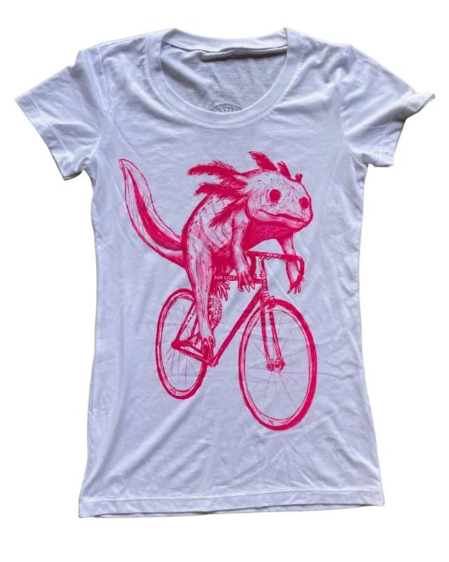 Axolotl on A Bicycle Women's Shirt - PINK INK Elegant Draped Short Shirt