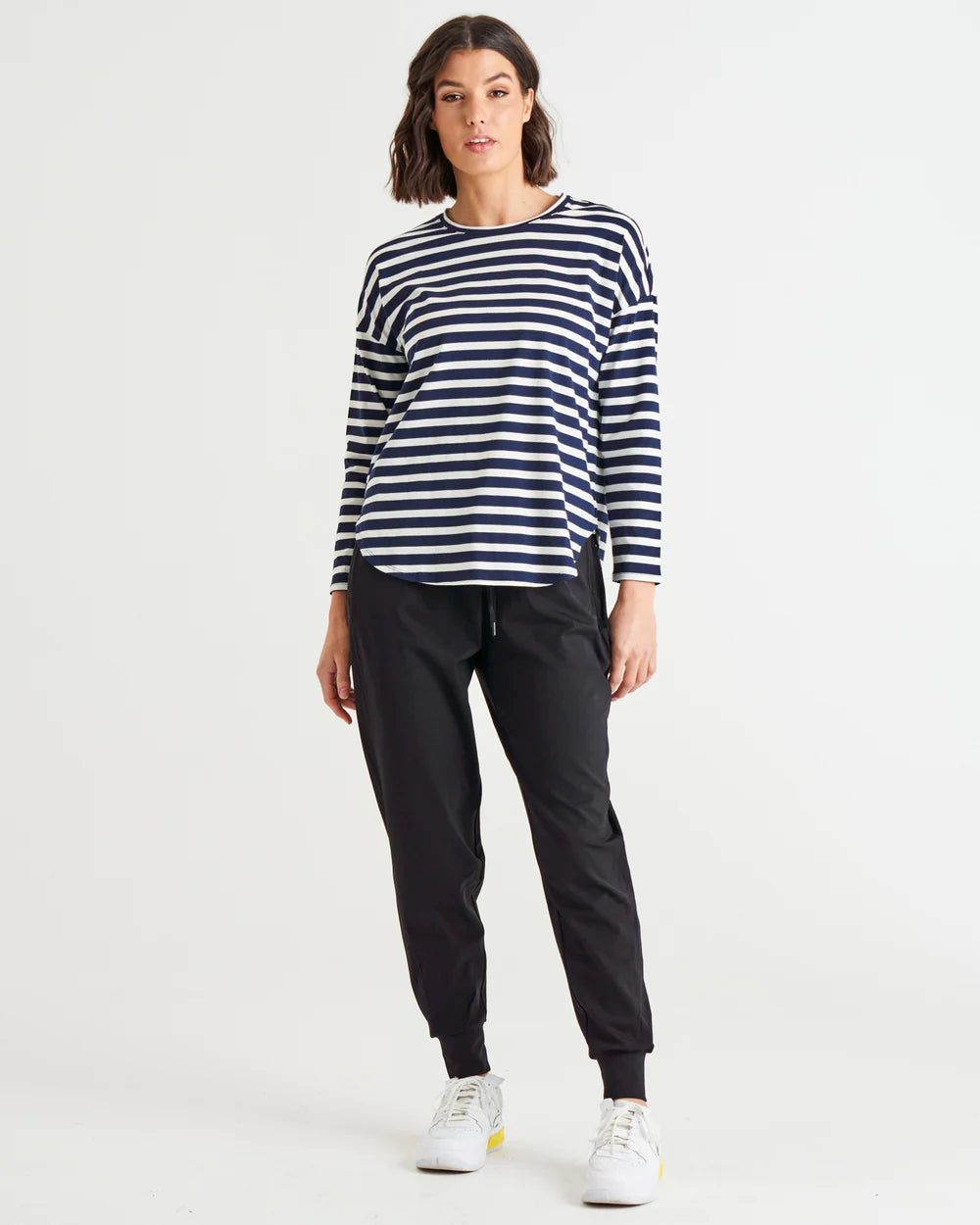 BETTY BASICS JESSIE LONG SLEEVE TEE BLUE STRIPE Notch Collar Peter Pan Collar Cowl Neck