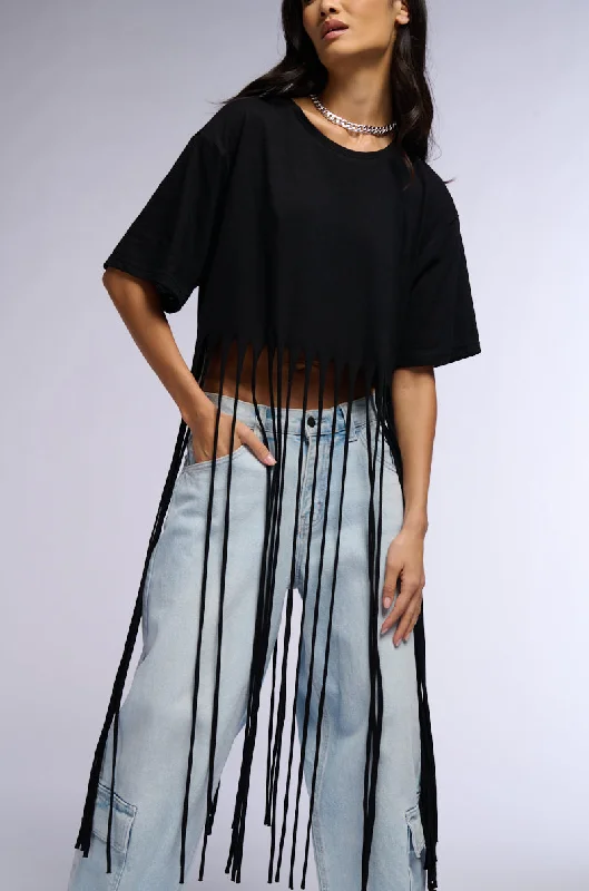 BRING THE FUN FRINGE TSHIRT IN BLACK Stylish Crew Neck Shirt