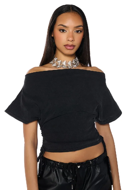 CRAZY IN LOVE SHORT SLEEVE OFF THE SHOULDER TSHIRT IN DARK GREY Fashionable Plaid Short Sleeve