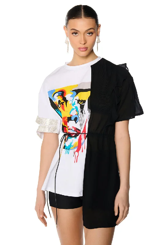 CRAZY SEXY COOL MIX FABRIC T SHIRT Stylish Split-Hem Short Shirt