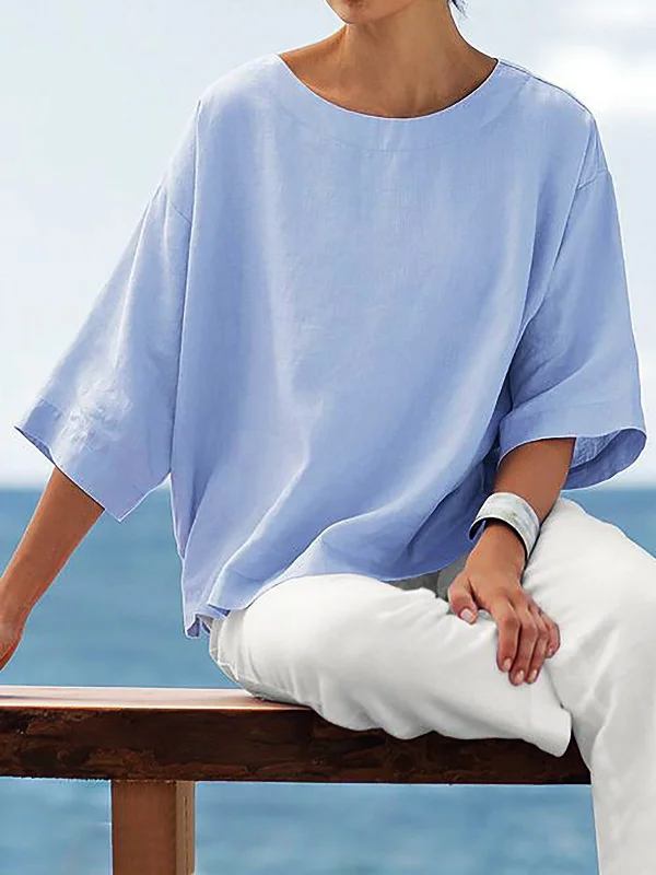 Crew Neck 3/4 Sleeve Solid Shirts Classic Button-Up Short Tee