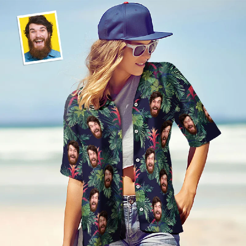 Custom Face Shirt Personalised Photo Women's Hawaiian Shirt Gift - Green Leaves Fashionable Short Sleeve Vest Custom Face Shirt Personalised Photo Women's Hawaiian Shirt Gift - Green Leaves Fashionable Short Sleeve Vest