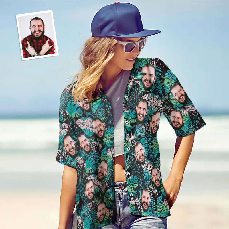 Custom Face Shirt Personalised Photo Women's Hawaiian Shirt Gift - Large Leaves Short Sleeve Shirt Comfortable Flowing Short Sleeve Custom Face Shirt Personalised Photo Women's Hawaiian Shirt Gift - Large Leaves Short Sleeve Shirt Comfortable Flowing Short Sleeve