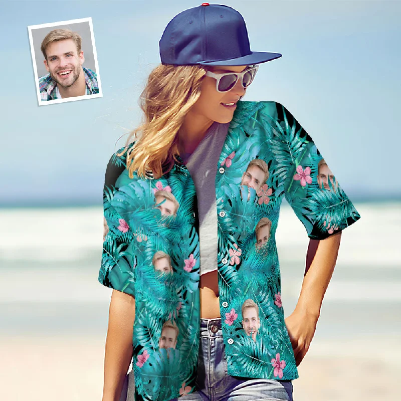 Custom Face Shirt Personalised Photo Women's Hawaiian Shirt Gift - Leaves and Pink Flowers Casual Boxy Short Shirt Custom Face Shirt Personalised Photo Women's Hawaiian Shirt Gift - Leaves and Pink Flowers Casual Boxy Short Shirt