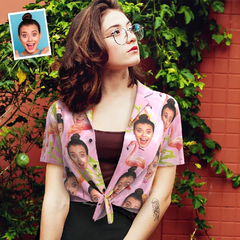 Personalised Photo Shirts Hawaiian Shirt with Face For Women Pink Flamingo Classic Cropped Short Sleeve Personalised Photo Shirts Hawaiian Shirt with Face For Women Pink Flamingo Classic Cropped Short Sleeve
