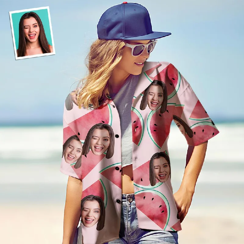 Hawaiian Shirt Personalised Watermelon Shirt with Face on It for Women Classic Button-Up Short Tee Hawaiian Shirt Personalised Watermelon Shirt with Face on It for Women Classic Button-Up Short Tee