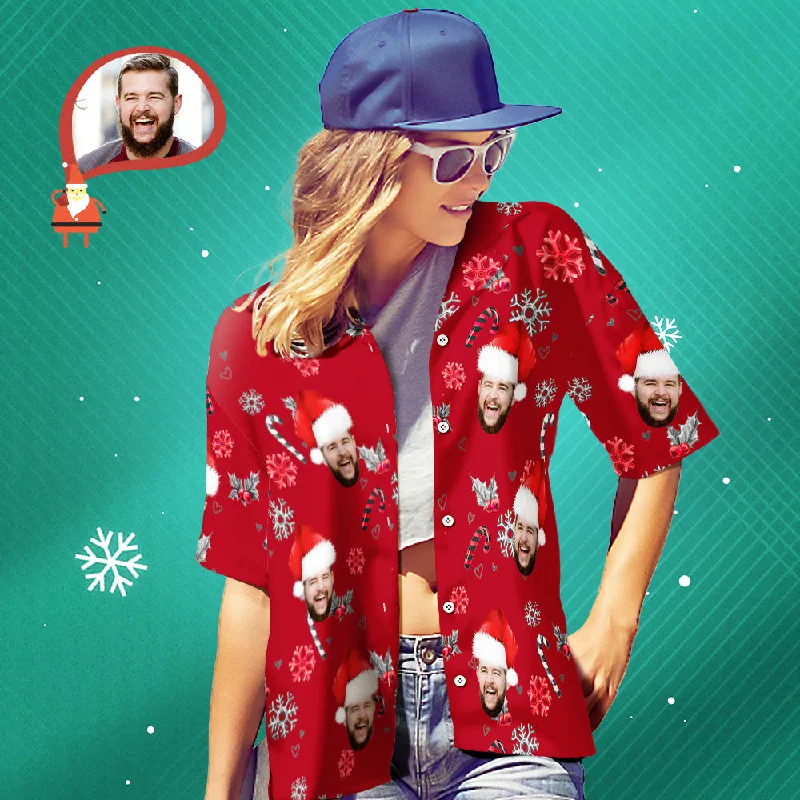 Custom Face Hawaiian Shirt Personalised Women's Photo Christmas Shirts With Candy Canes For Women Trendy Print Short Sleeve Custom Face Hawaiian Shirt Personalised Women's Photo Christmas Shirts With Candy Canes For Women Trendy Print Short Sleeve