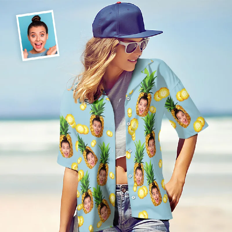 Custom Face Hawaiian Shirt Tops Women's All Over Print Big Pineapple Short Sleeve Shirt Cozy Plain Short Sleeve Custom Face Hawaiian Shirt Tops Women's All Over Print Big Pineapple Short Sleeve Shirt Cozy Plain Short Sleeve