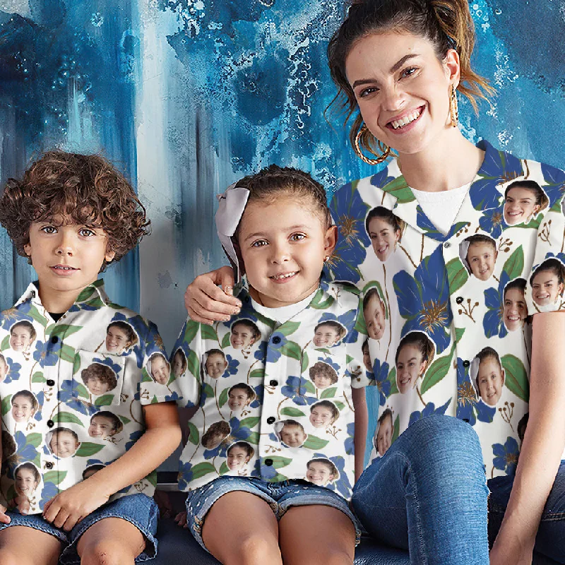Women's and Kids Hawaiian Shirts Short Sleeve Shirt With Blue Flowers Comfortable Pocket Short Shirt Women's and Kids Hawaiian Shirts Short Sleeve Shirt With Blue Flowers Comfortable Pocket Short Shirt