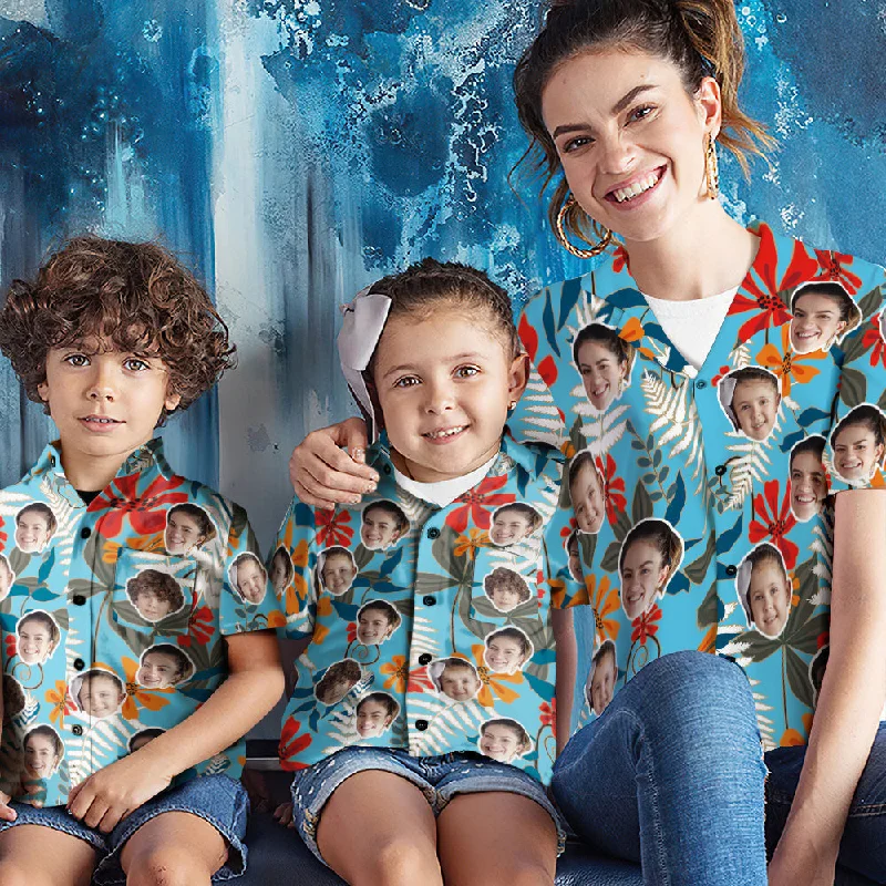Custom Face Shirt Women's and Kids Hawaiian Shirts Short Sleeve Shirt Flowers On It Fashionable Cuffed Short Sleeve Custom Face Shirt Women's and Kids Hawaiian Shirts Short Sleeve Shirt Flowers On It Fashionable Cuffed Short Sleeve