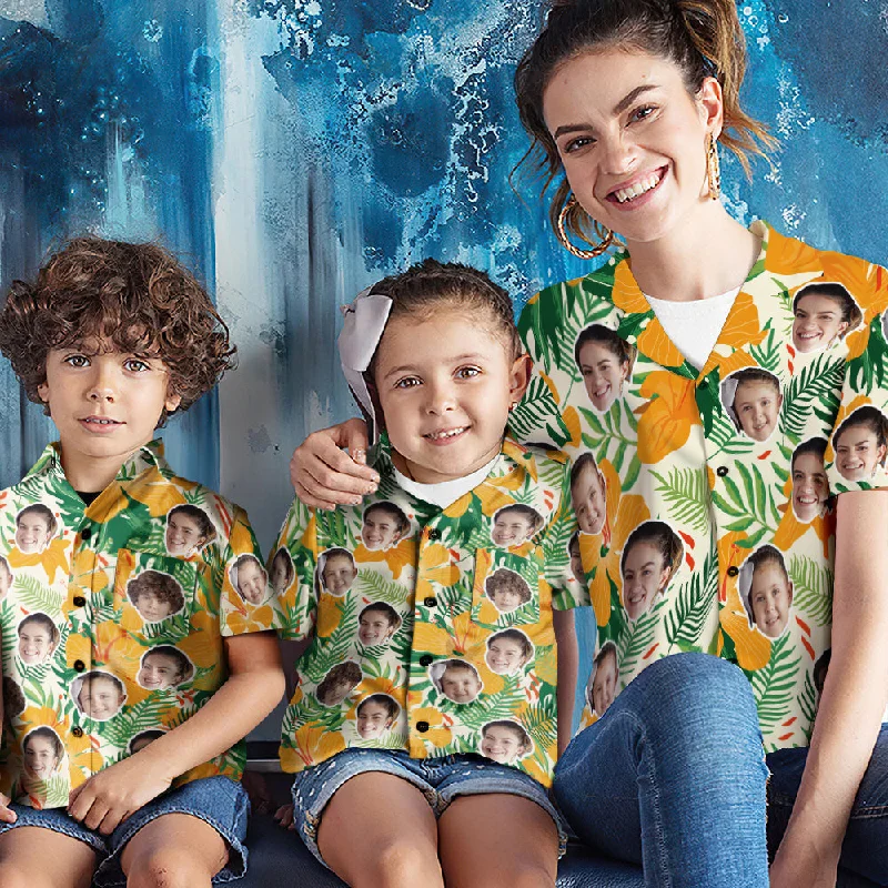Personalised Shirts Women's and Kids Face Hawaiian Shirt With Yellow Flowers Chic Embellished Short Sleeve Personalised Shirts Women's and Kids Face Hawaiian Shirt With Yellow Flowers Chic Embellished Short Sleeve