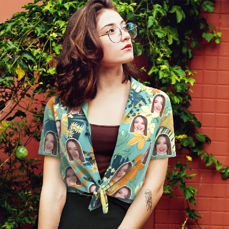 Personalised Face Shirt Women's Hawaiian Shirt Short Sleeve Shirt With Fashion Apparel Green Leaves Trendy Turtleneck Short Shirt Personalised Face Shirt Women's Hawaiian Shirt Short Sleeve Shirt With Fashion Apparel Green Leaves Trendy Turtleneck Short Shirt