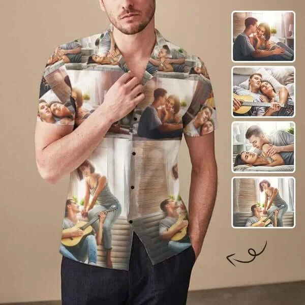 Custom Image Hawaiian Shirt Loving Couple Happiness Birthday Vacation Party Gift Customizable Hawaiian Shirts for Him Trendy Tie-Front Short Shirt