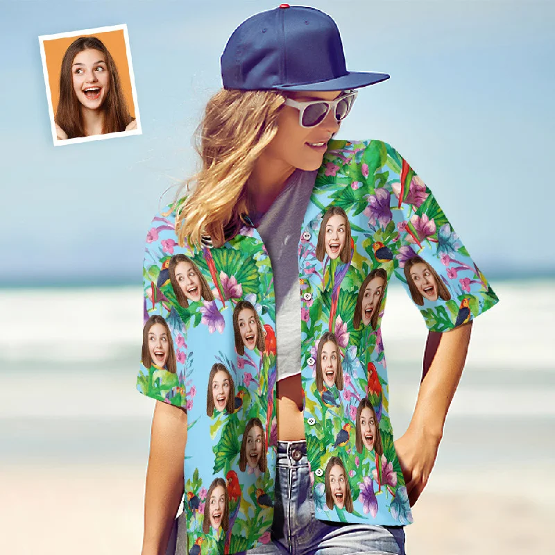 Personalised Shirt Women's Hawaiian Shirt With Colorful Parrot Classic Denim Short Sleeve Personalised Shirt Women's Hawaiian Shirt With Colorful Parrot Classic Denim Short Sleeve