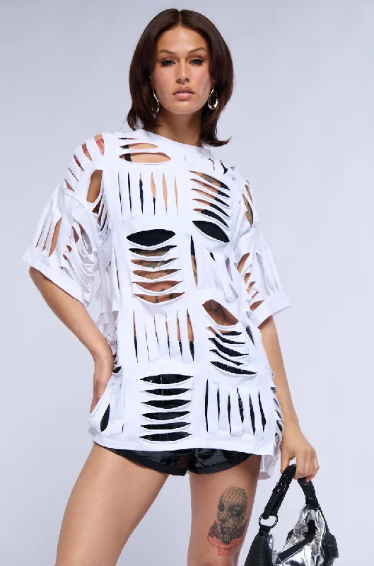 CUT HIM OFF SHORT SLEEVE DISTRESSED T SHIRT Elegant Off-Shoulder Short Shirt